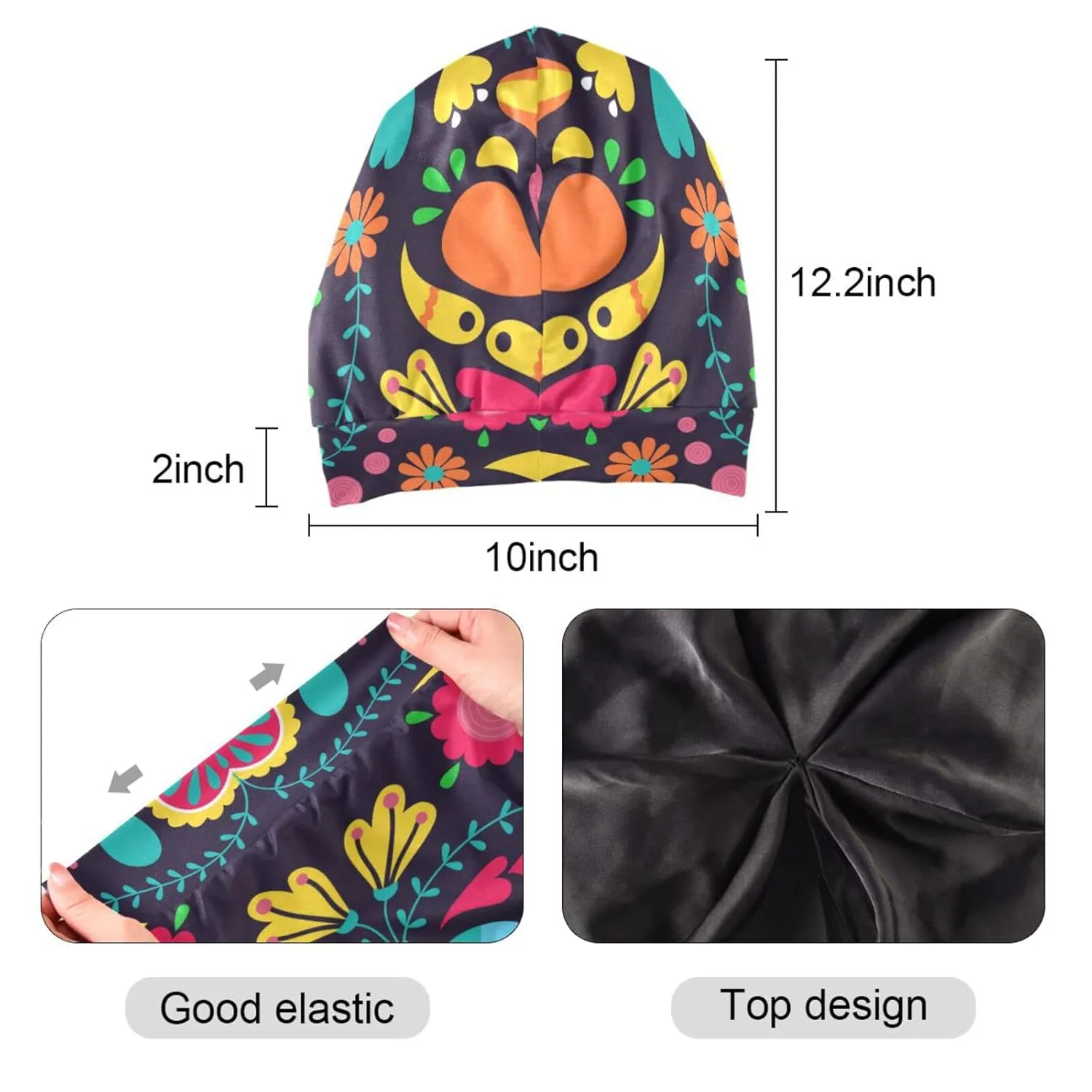 Satin Bonnet Lined Sleep Cap Hair Wrap Cover Slouchy Beanie for Curly Hair Protection for Gifts for Men Women Boho Floral