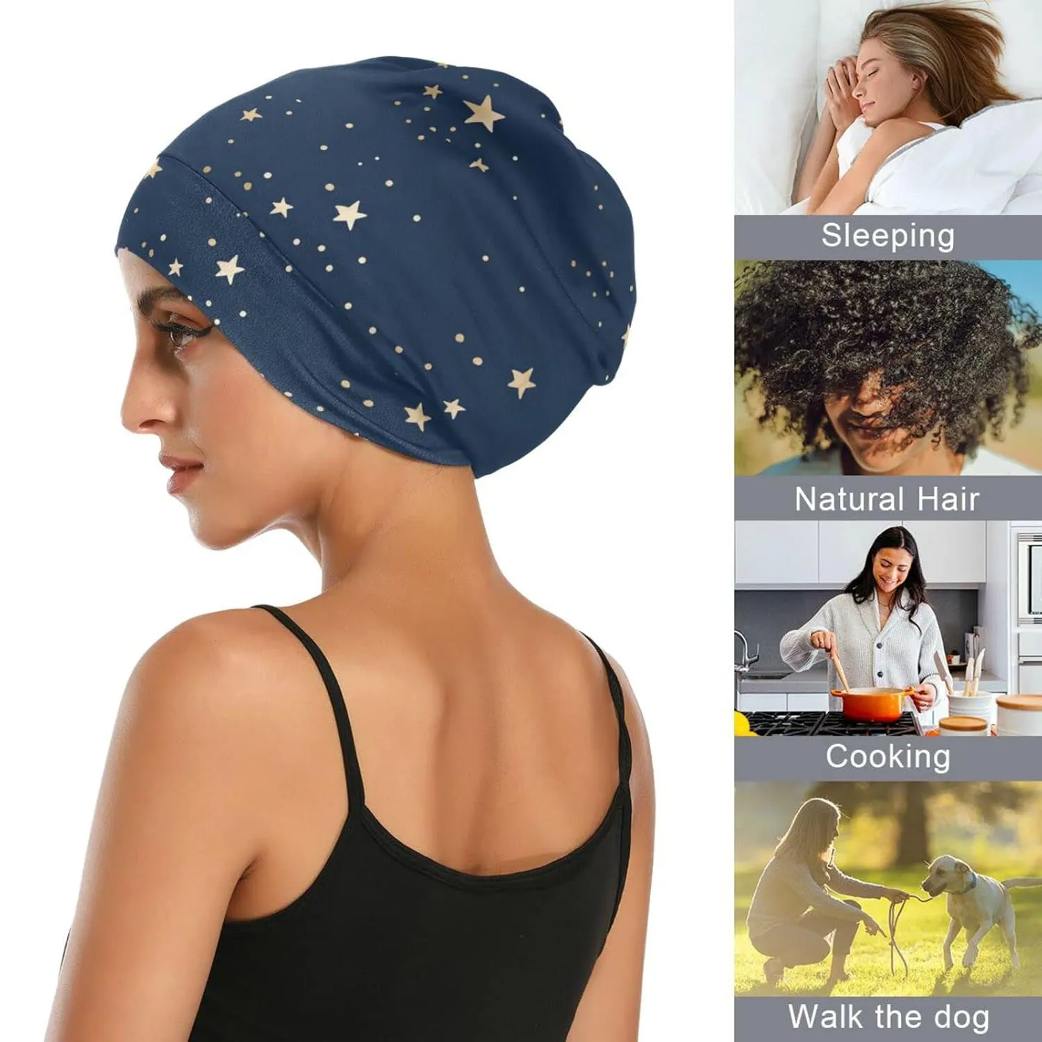 Satin Bonnet Lined Sleep Cap Hair Wrap Cover Slouchy Beanie for Curly Hair Protection for Gifts for Men Women Dark Blue Stars