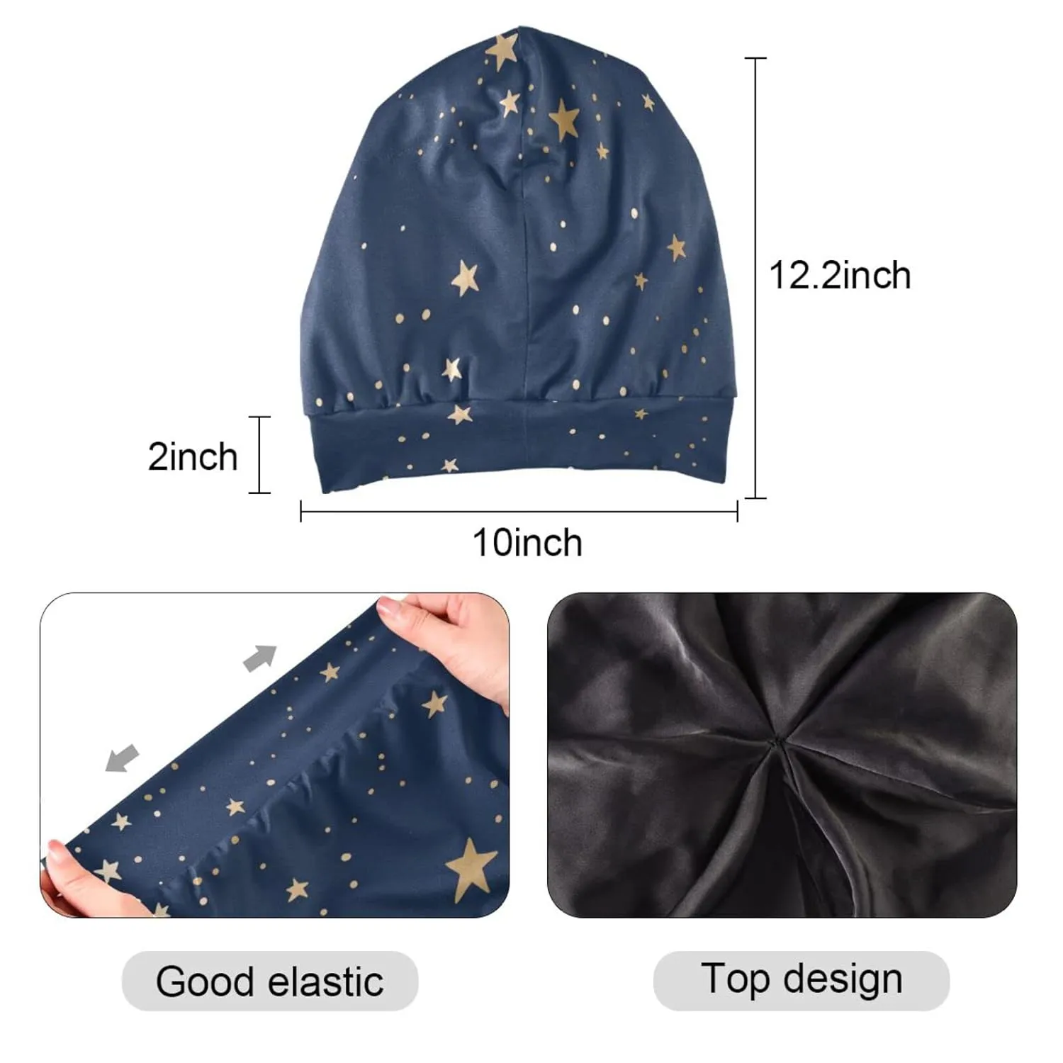 Satin Bonnet Lined Sleep Cap Hair Wrap Cover Slouchy Beanie for Curly Hair Protection for Gifts for Men Women Dark Blue Stars
