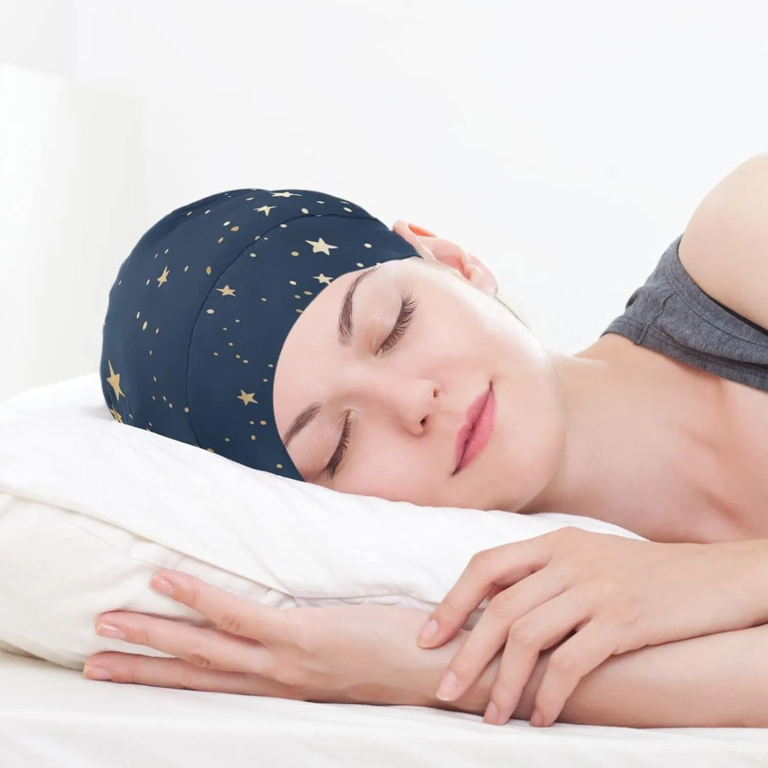 Satin Bonnet Lined Sleep Cap Hair Wrap Cover Slouchy Beanie for Curly Hair Protection for Gifts for Men Women Dark Blue Stars