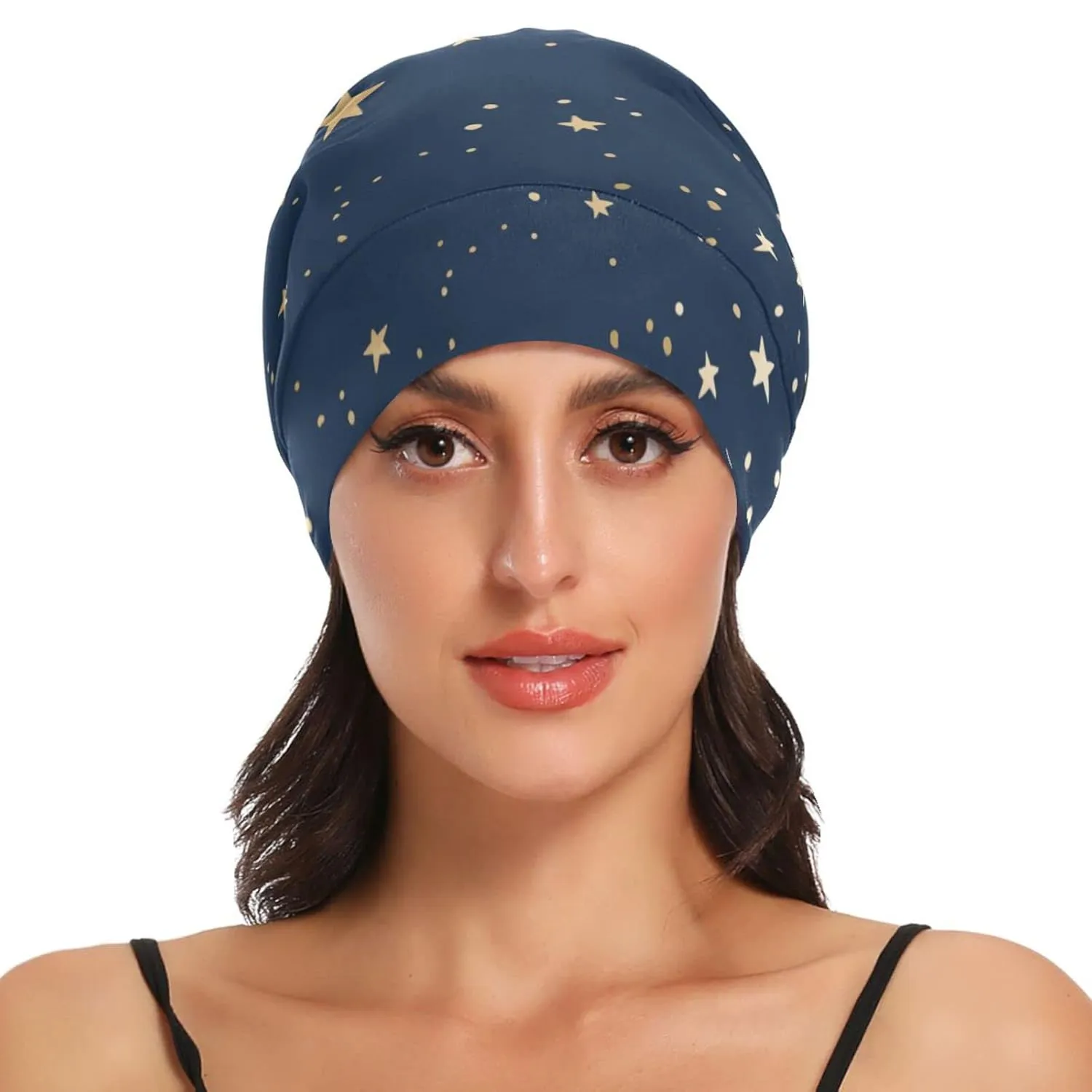 Satin Bonnet Lined Sleep Cap Hair Wrap Cover Slouchy Beanie for Curly Hair Protection for Gifts for Men Women Dark Blue Stars