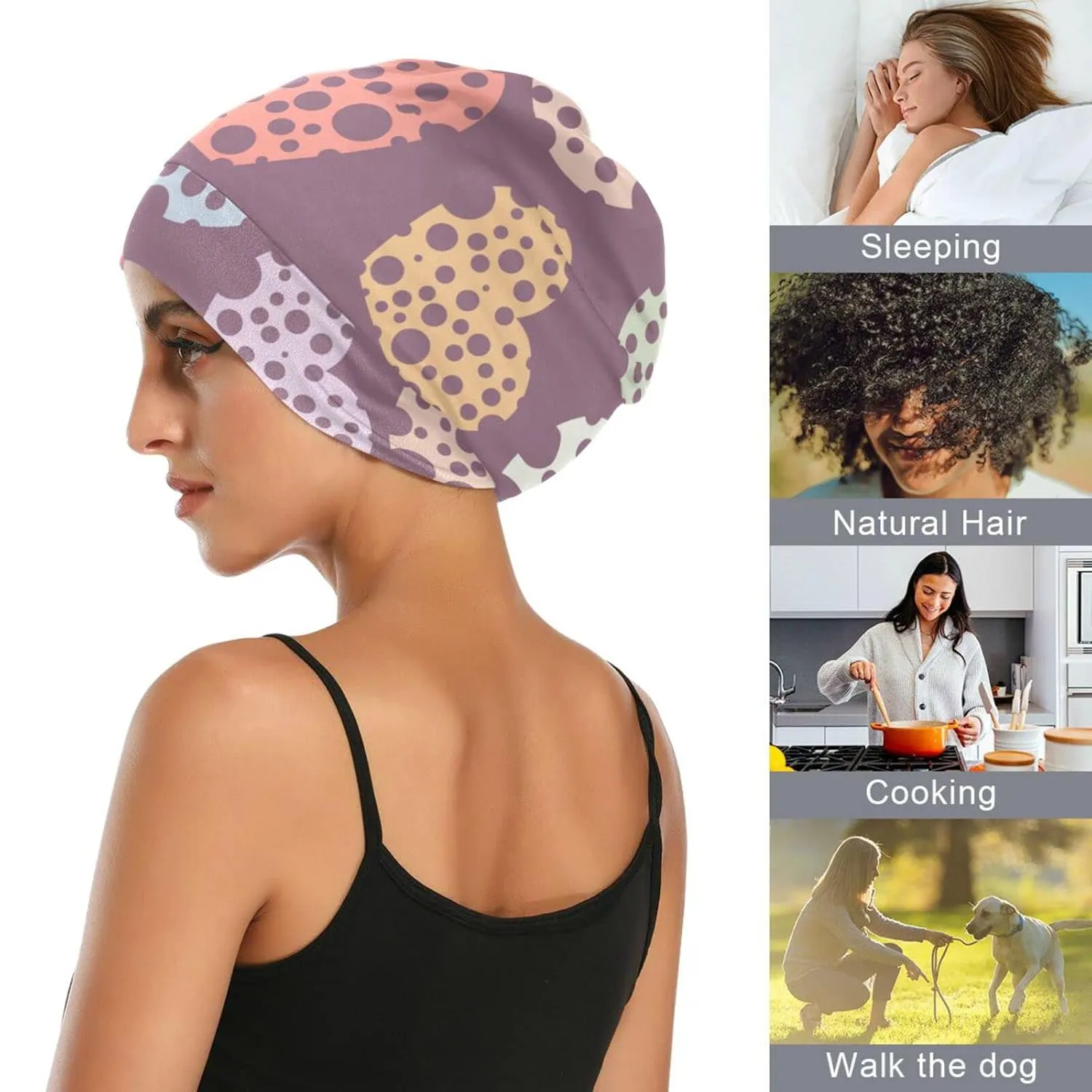 Satin Bonnet Lined Sleep Cap Hair Wrap Cover Slouchy Beanie for Curly Hair Protection for Gifts for Men Women Thistle Heart