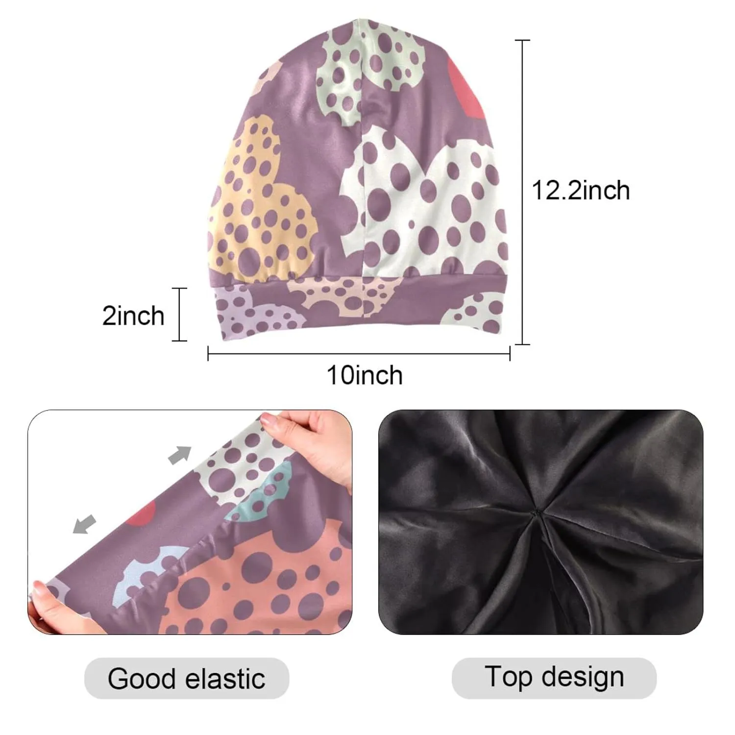 Satin Bonnet Lined Sleep Cap Hair Wrap Cover Slouchy Beanie for Curly Hair Protection for Gifts for Men Women Thistle Heart