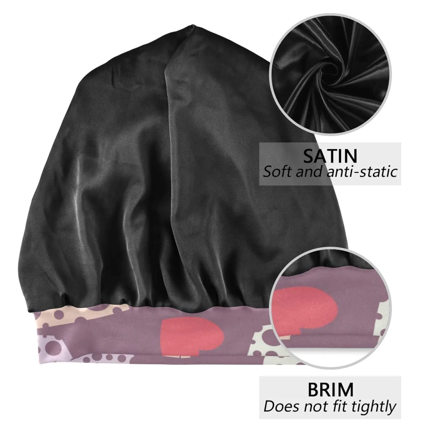 Satin Bonnet Lined Sleep Cap Hair Wrap Cover Slouchy Beanie for Curly Hair Protection for Gifts for Men Women Thistle Heart