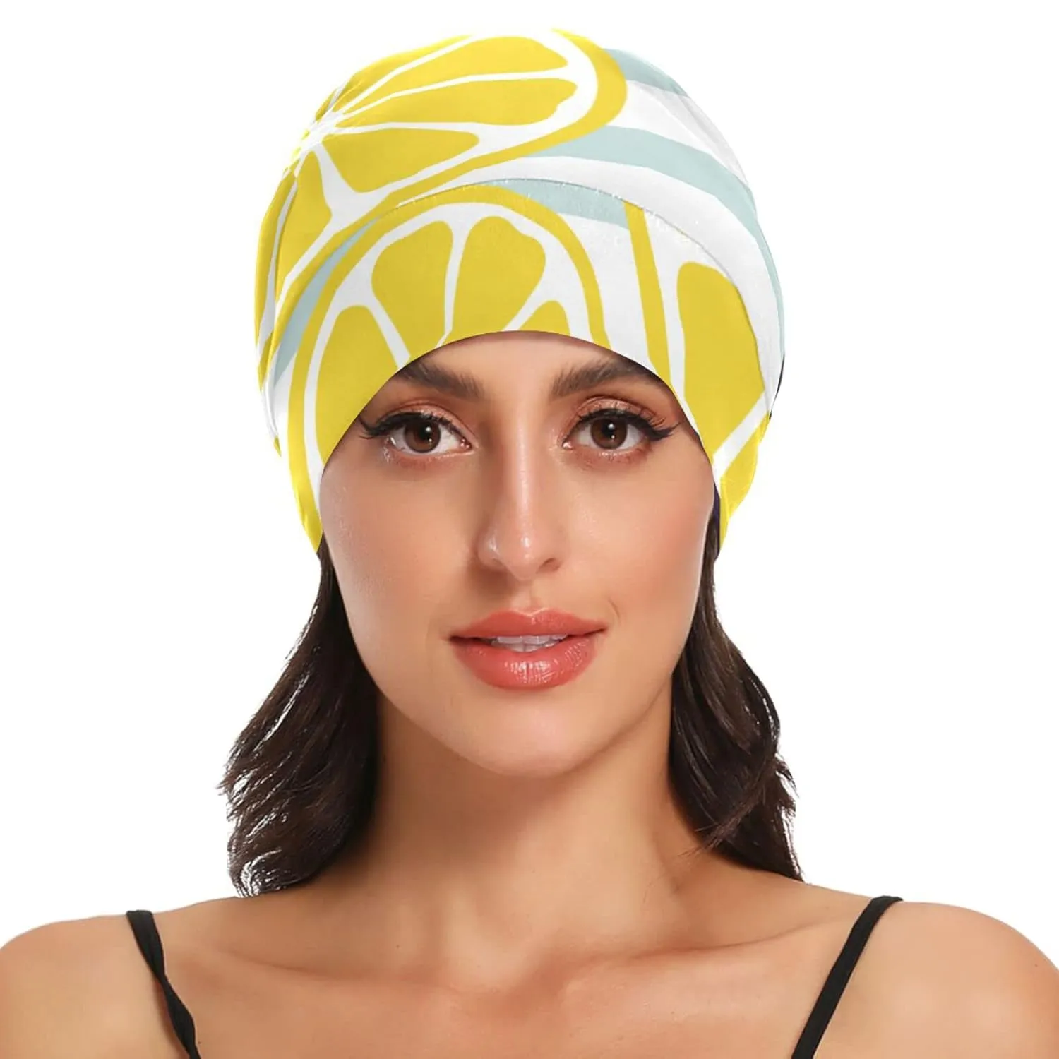 Satin Bonnet Lined Sleep Cap Hair Wrap Cover Slouchy Beanie for Curly Hair Protection for Gifts for Men Women Yellow Lemon