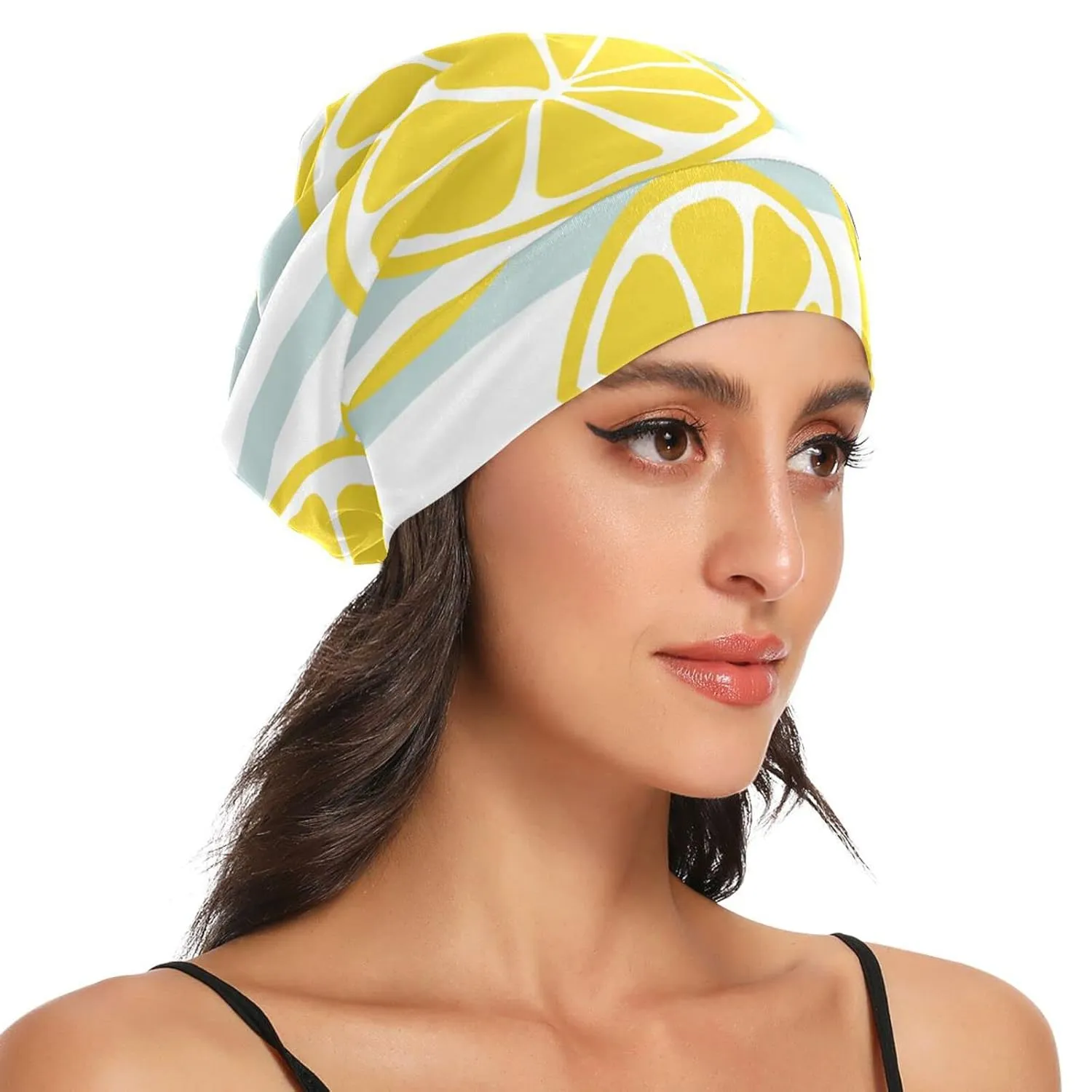 Satin Bonnet Lined Sleep Cap Hair Wrap Cover Slouchy Beanie for Curly Hair Protection for Gifts for Men Women Yellow Lemon