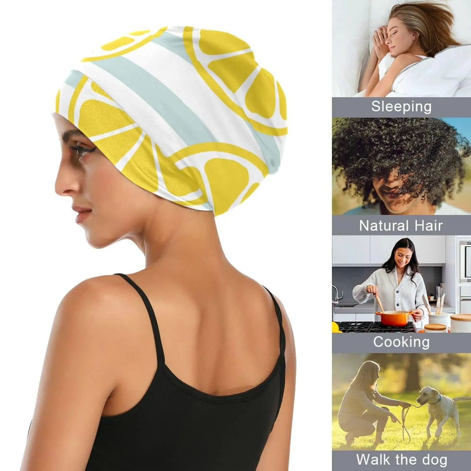 Satin Bonnet Lined Sleep Cap Hair Wrap Cover Slouchy Beanie for Curly Hair Protection for Gifts for Men Women Yellow Lemon