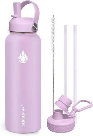SENDESTAR Stainless Steel Wide Mouth Water Bottle 32oz Double Wall Vacuum Insulated Leak Proof Bottle with New Flex Straw Lid & Spout Lid