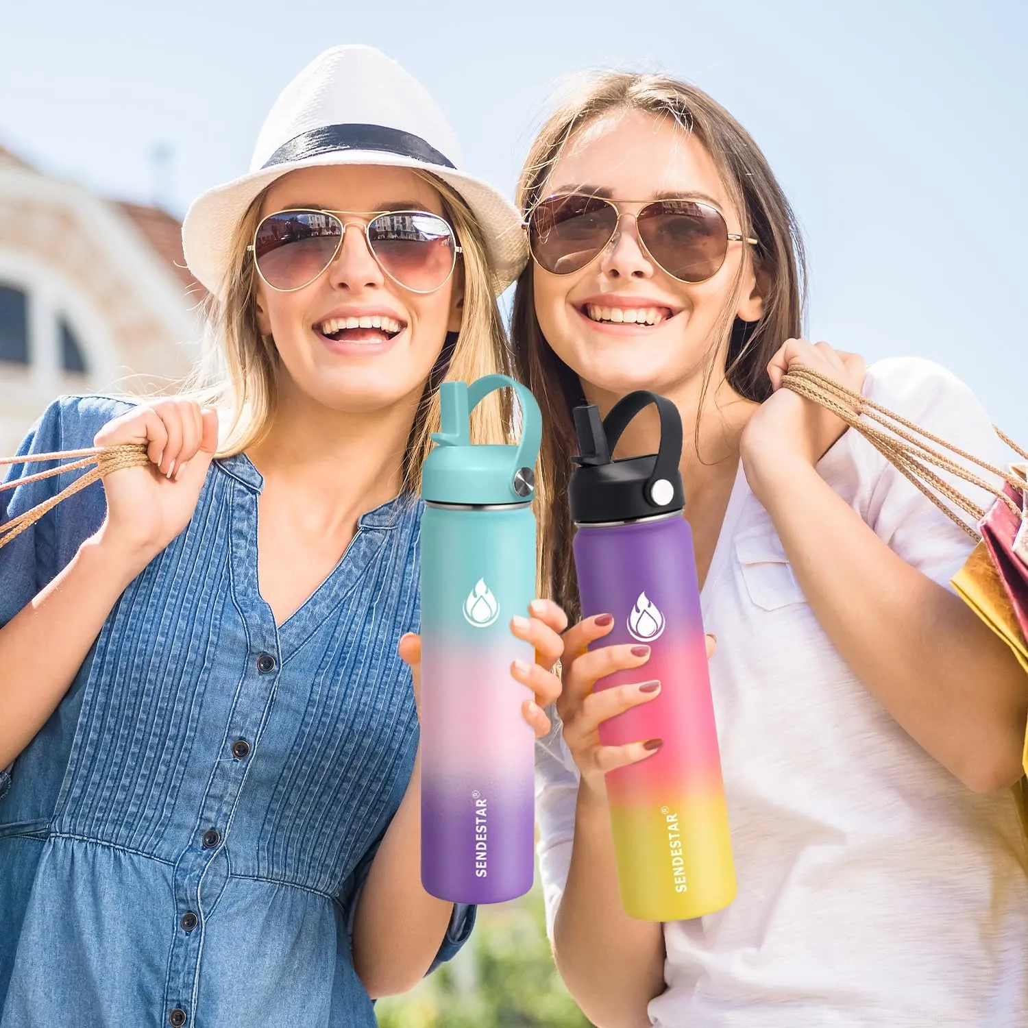 SENDESTAR Stainless Steel Wide Mouth Water Bottle 32oz Double Wall Vacuum Insulated Leak Proof Bottle with New Flex Straw Lid & Spout Lid