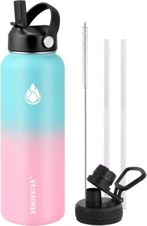 SENDESTAR Water Bottle 40oz Double Wall Vacuum Insulated Leak Proof Stainless Steel Sports Water Bottle—Wide Mouth with New Flex Straw Lid & Spout Lid (Bubble Gum)