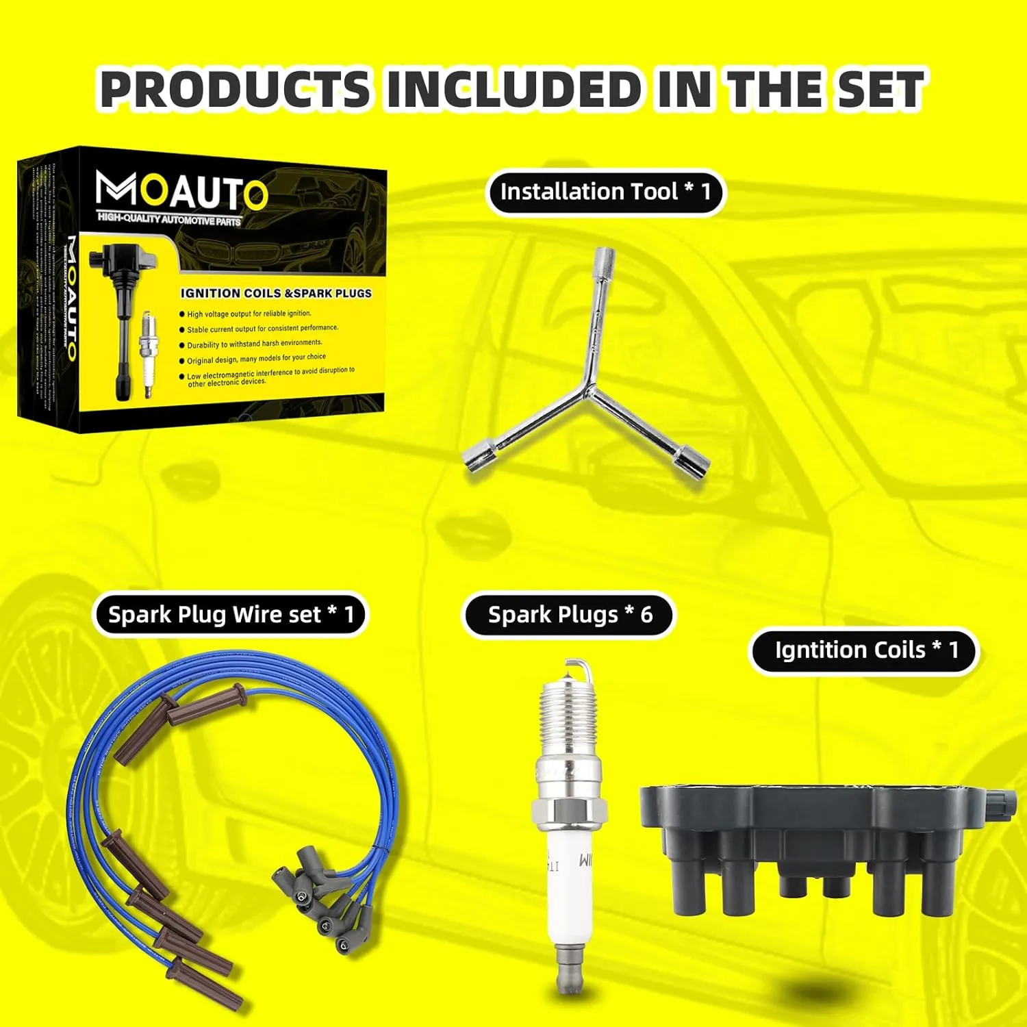 Set of 1 Ignition Coils Pack UF434 19432144 & 6 PCS Iridium Spark Plugs with Wire Set Compatible with Chevrolet Impala Malibu Monte Carlo Pontiac G6 Montana Buick Lucerne Terraza Saturn Vue