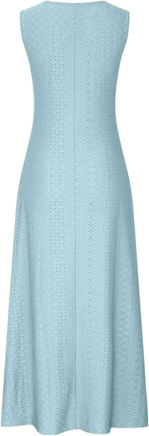 Sexy Elegant Lace Eyelet Maxi Dresses for Women 2024 Fashion Sleeveless Flowy Summer Dress Beach Vacation Sundresses