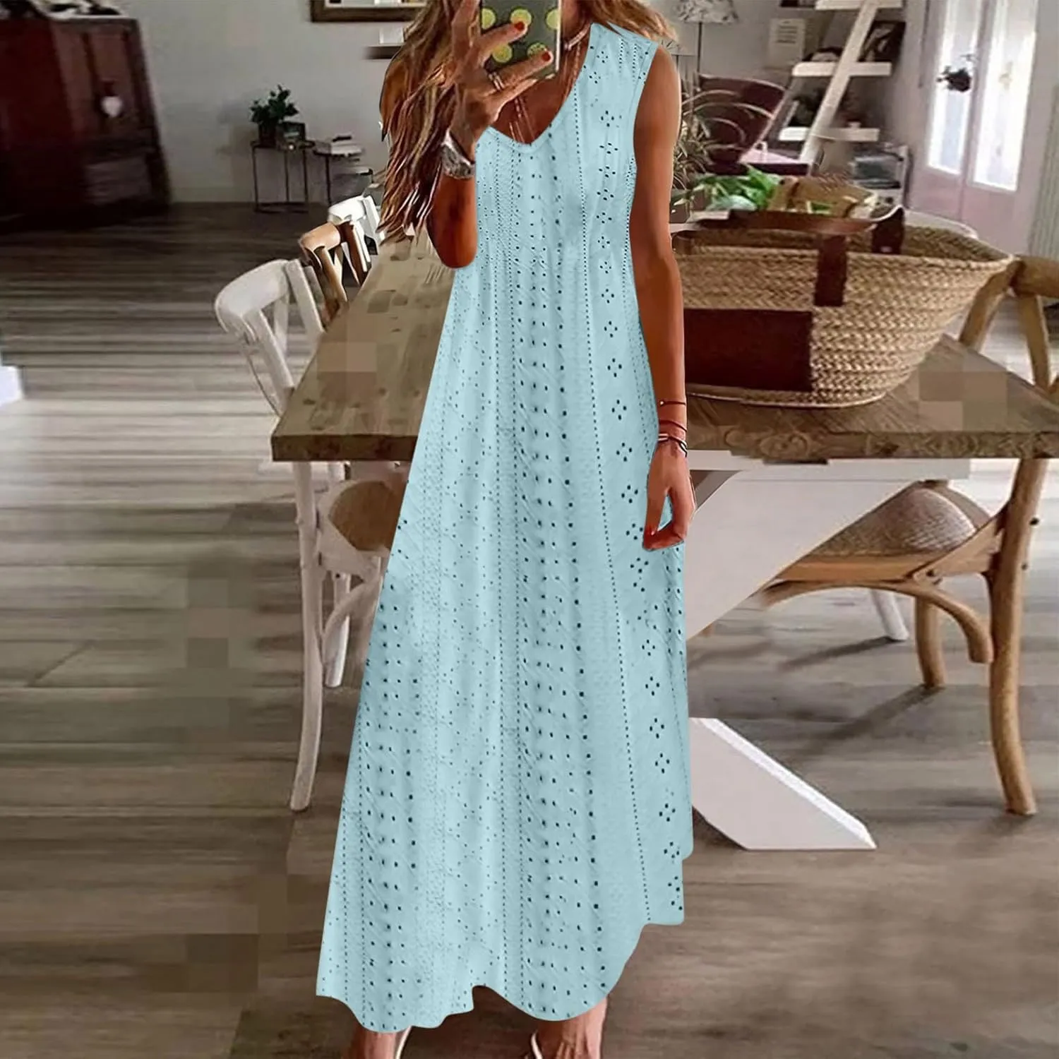 Sexy Elegant Lace Eyelet Maxi Dresses for Women 2024 Fashion Sleeveless Flowy Summer Dress Beach Vacation Sundresses