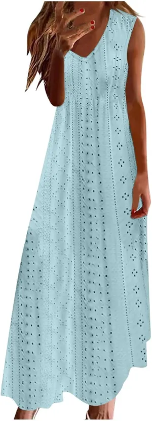 Sexy Elegant Lace Eyelet Maxi Dresses for Women 2024 Fashion Sleeveless Flowy Summer Dress Beach Vacation Sundresses