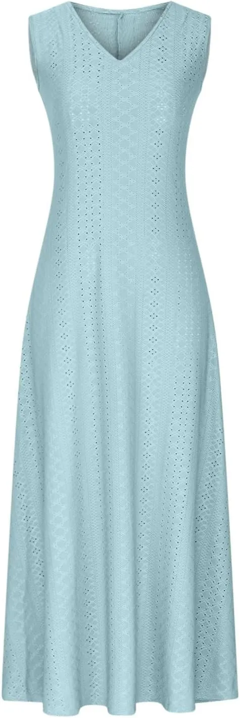 Sexy Elegant Lace Eyelet Maxi Dresses for Women 2024 Fashion Sleeveless Flowy Summer Dress Beach Vacation Sundresses