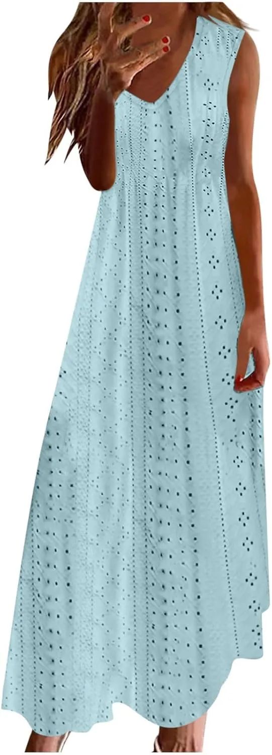 Sexy Elegant Lace Eyelet Maxi Dresses for Women 2024 Fashion Sleeveless Flowy Summer Dress Beach Vacation Sundresses