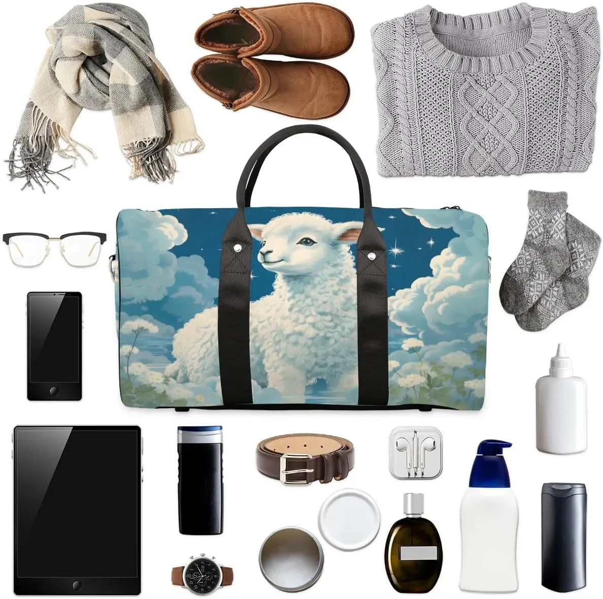 Sheep Print Travel Duffel Bag for Women Men Waterproof Foldable Overnight Weekender Bag Large Capacity Sports Gym Bag