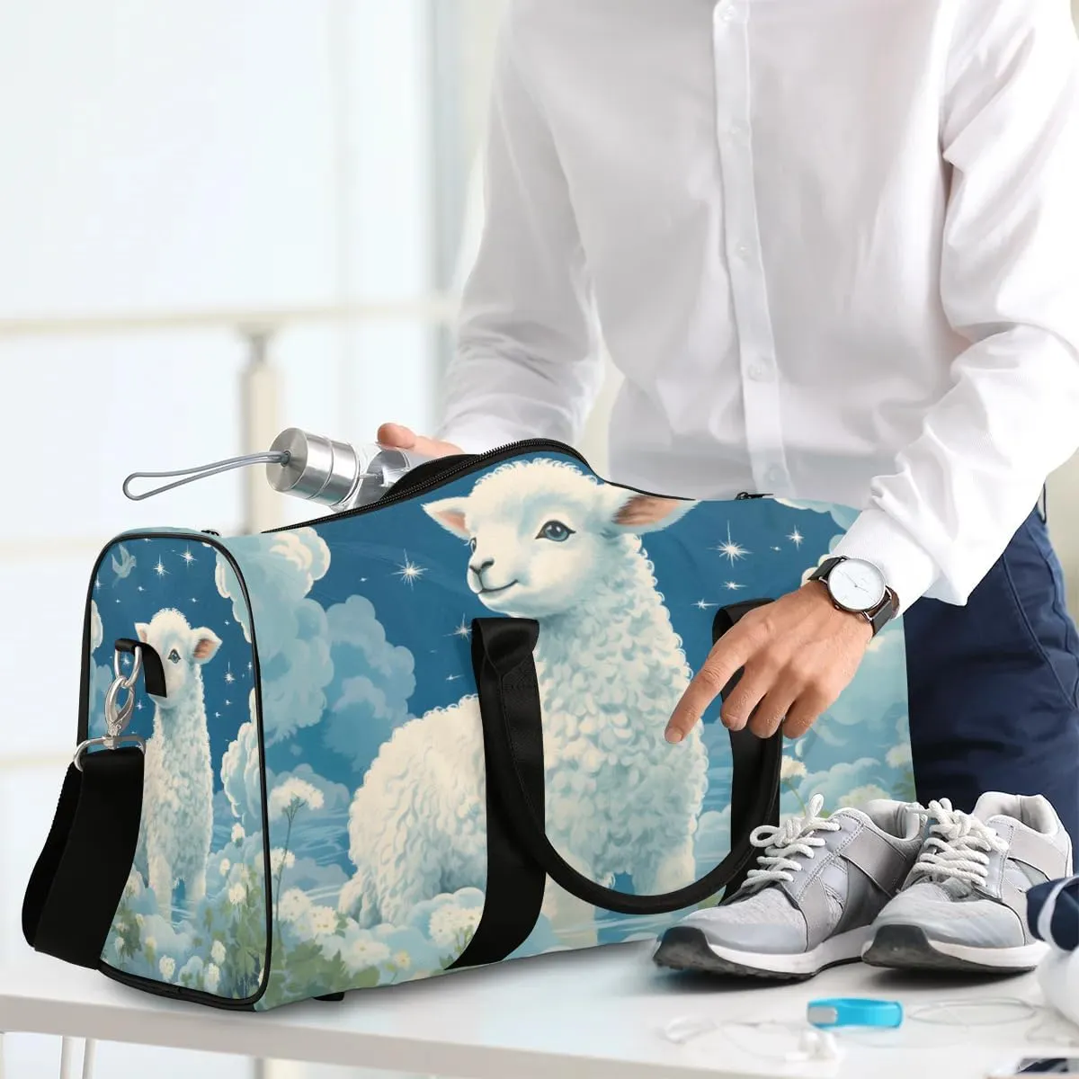 Sheep Print Travel Duffel Bag for Women Men Waterproof Foldable Overnight Weekender Bag Large Capacity Sports Gym Bag