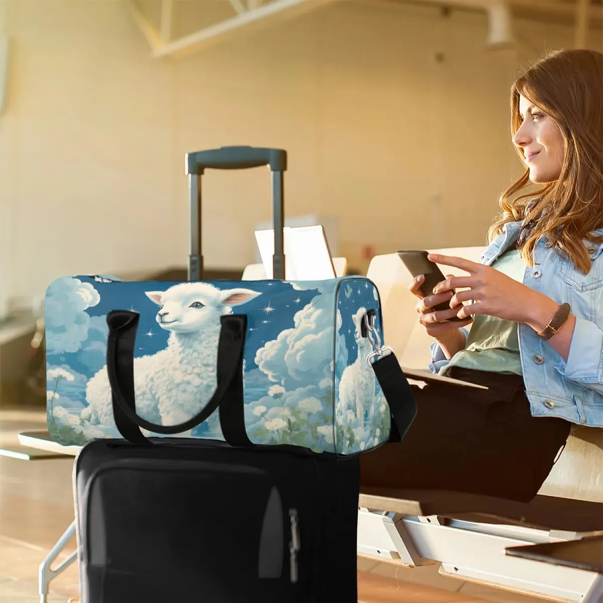 Sheep Print Travel Duffel Bag for Women Men Waterproof Foldable Overnight Weekender Bag Large Capacity Sports Gym Bag