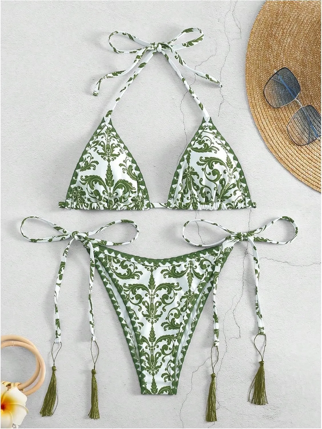 SHENHE Women's 2 Piece Halter Swimsuit Textured Tie Side Triangle Bikini Bathing Suit