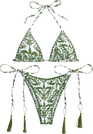 SHENHE Women's 2 Piece Halter Swimsuit Textured Tie Side Triangle Bikini Bathing Suit
