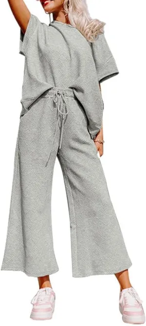 SHEWIN Women's 2 Piece Outfits Sweatsuit Casual Short Sleeve Pullover Tops and Drawstring Wide Leg Pants Lounge Sets