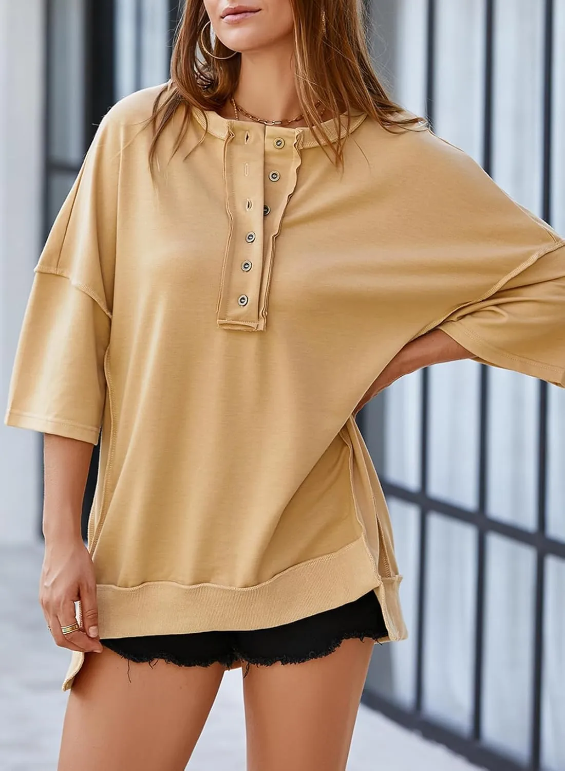 SHEWIN Women's Fashion Oversized T Shirts Casual Short Sleeve Reverse Seam Summer Tops Tees