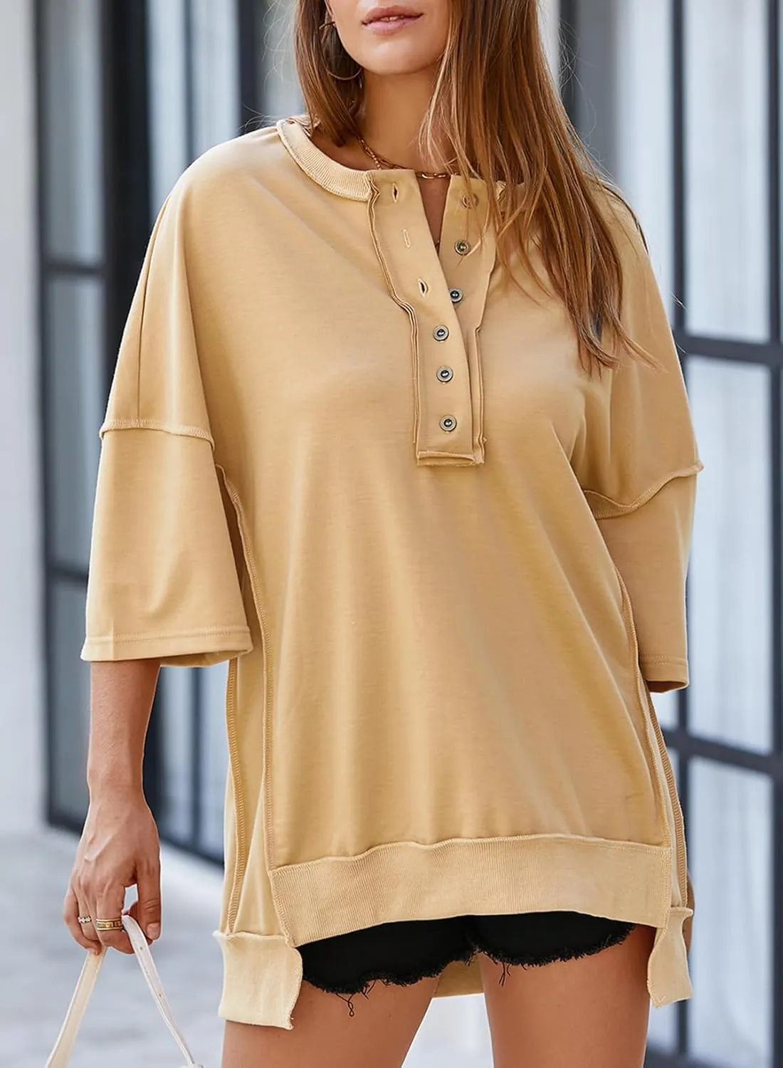SHEWIN Women's Fashion Oversized T Shirts Casual Short Sleeve Reverse Seam Summer Tops Tees