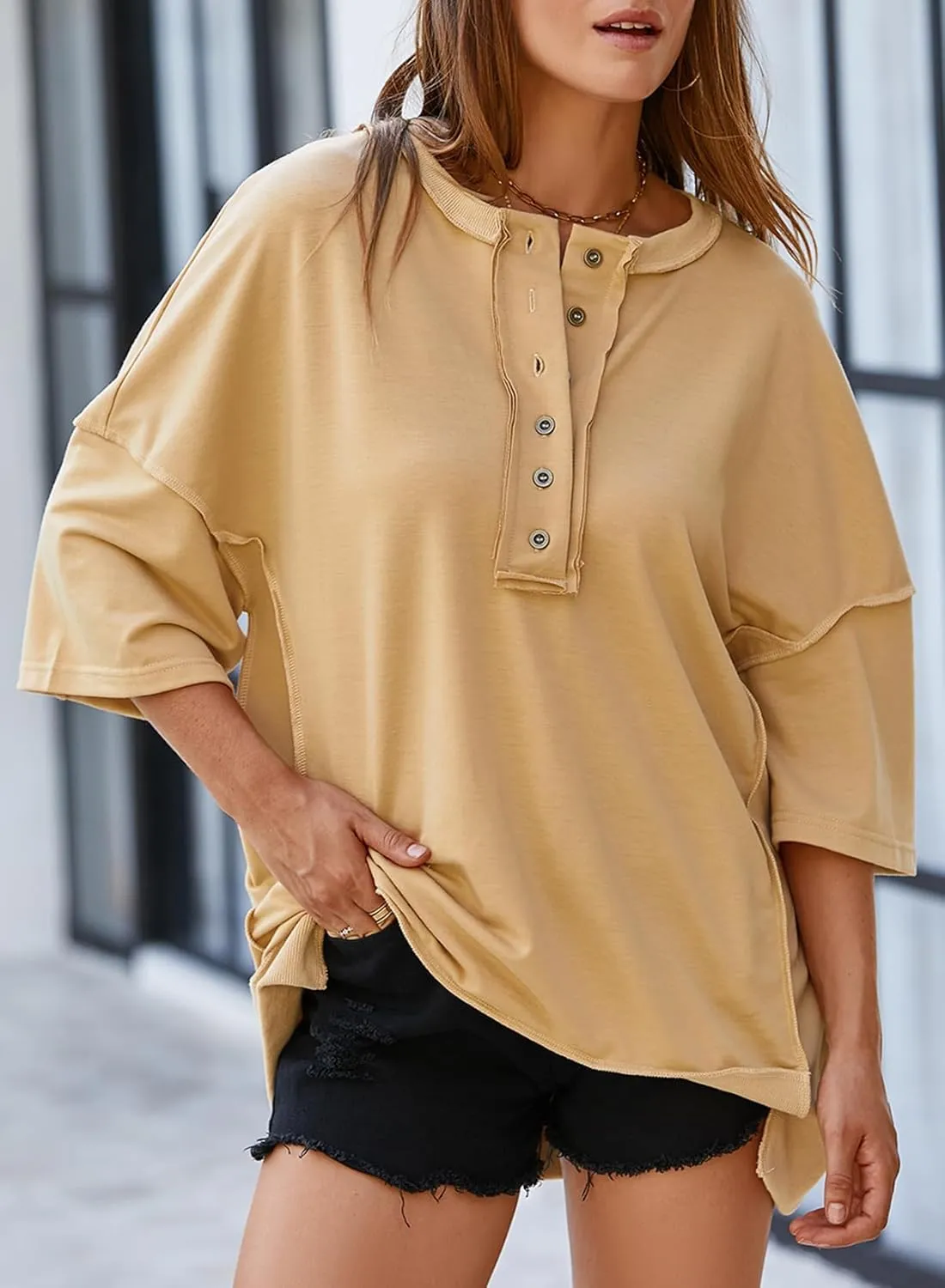 SHEWIN Women's Fashion Oversized T Shirts Casual Short Sleeve Reverse Seam Summer Tops Tees