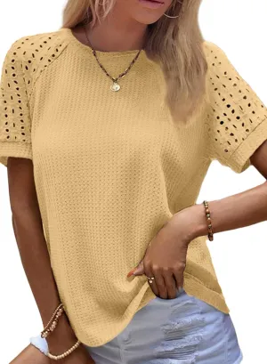SHEWIN Women's Waffle Knit Tops Casual Crew Neck Hollow Out Raglan Short Sleeve Summer T-Shirts Blouses