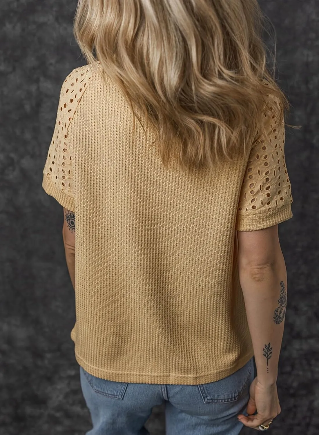 SHEWIN Women's Waffle Knit Tops Casual Crew Neck Hollow Out Raglan Short Sleeve Summer T-Shirts Blouses