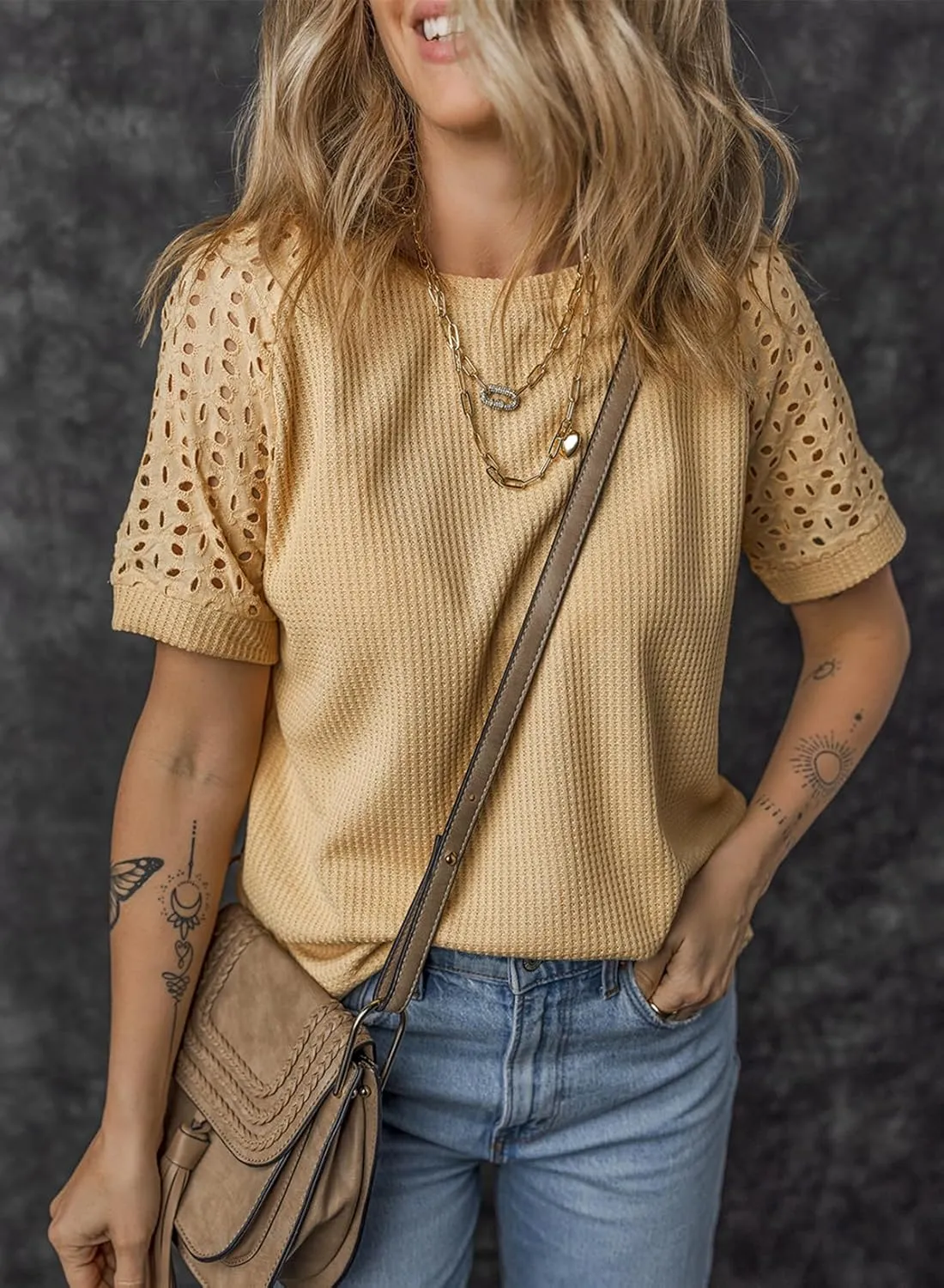 SHEWIN Women's Waffle Knit Tops Casual Crew Neck Hollow Out Raglan Short Sleeve Summer T-Shirts Blouses