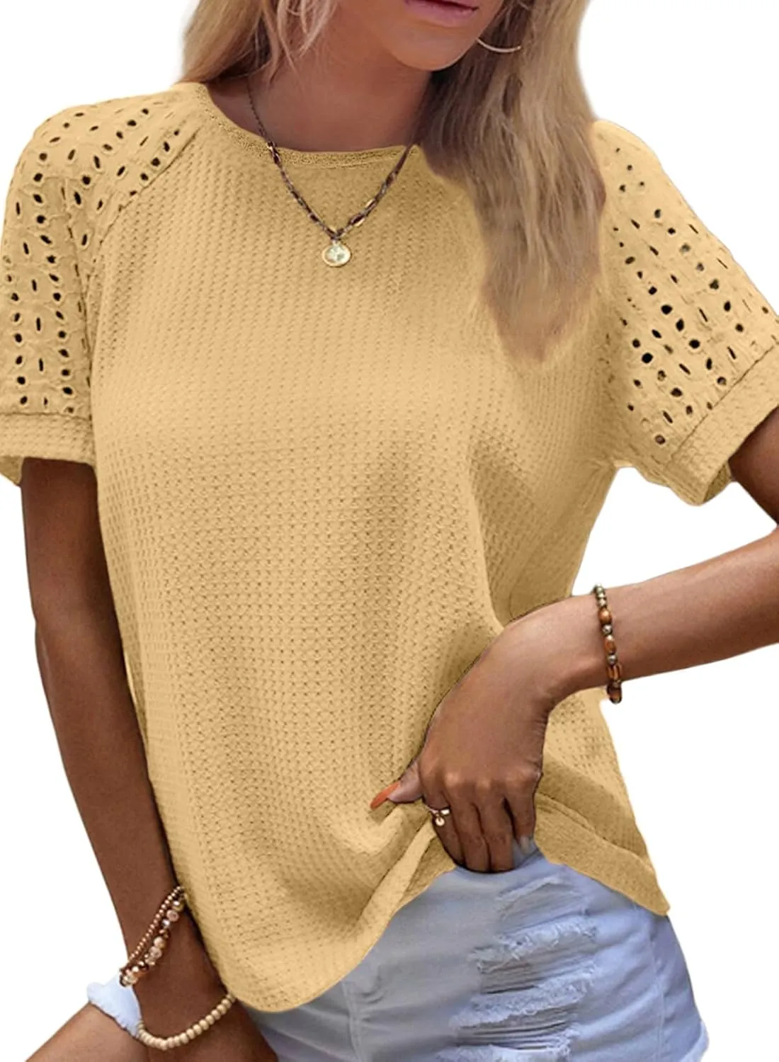 SHEWIN Women's Waffle Knit Tops Casual Crew Neck Hollow Out Raglan Short Sleeve Summer T-Shirts Blouses