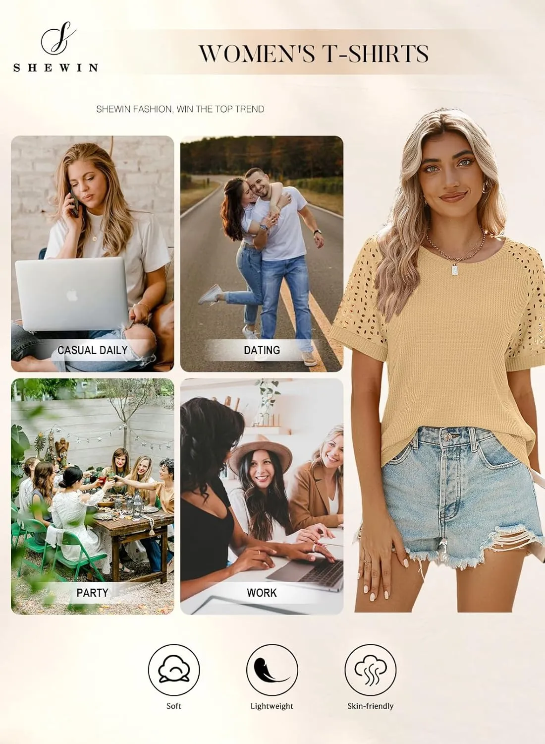 SHEWIN Women's Waffle Knit Tops Casual Crew Neck Hollow Out Raglan Short Sleeve Summer T-Shirts Blouses