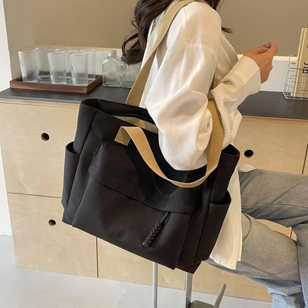 Simple Solid Color Shoulder Bag with Multiple Pockets Casual Large Capacity Womens Fashion Zippered Handbag School Bag