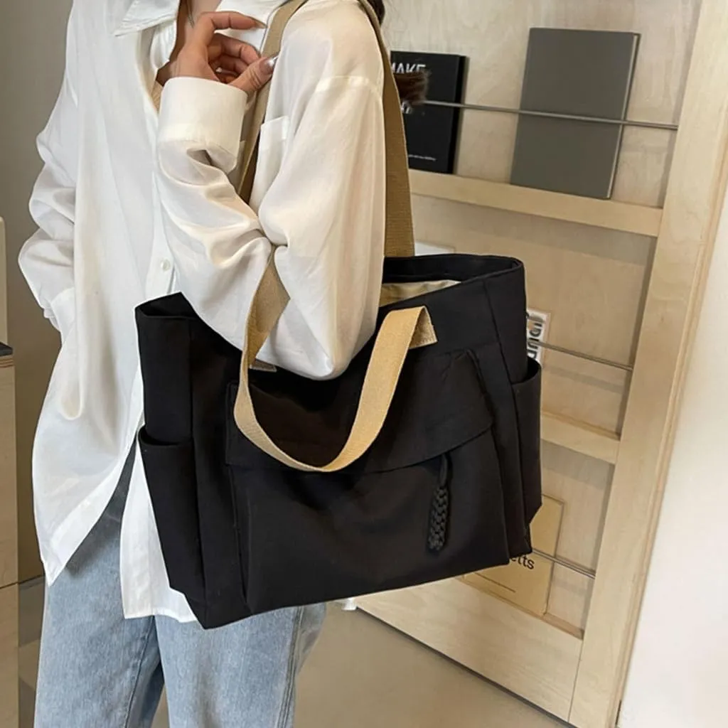 Simple Solid Color Shoulder Bag with Multiple Pockets Casual Large Capacity Womens Fashion Zippered Handbag School Bag