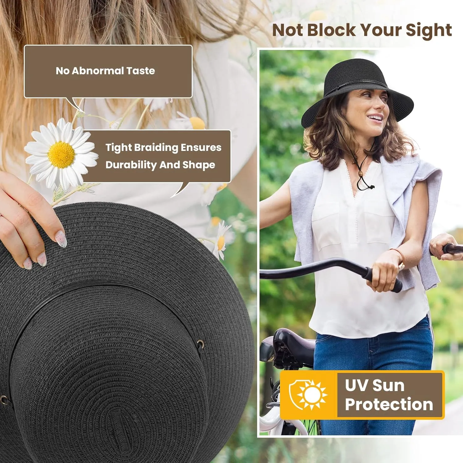 Simplicity Women's UPF 50  Wide Brim Braided Straw Sun Hat with Lanyard