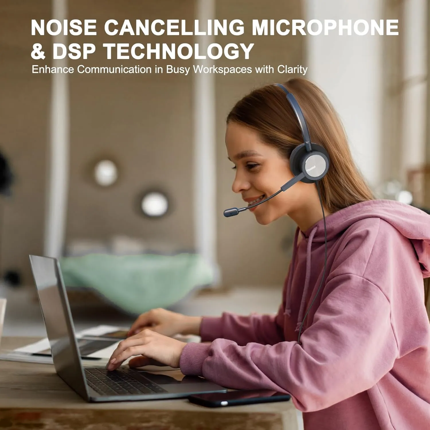 Single Ear USB Headset for PC | Lightweight Design with Mic Mute | Teams/3CX Compatible | Call Center & Work from Home Essentials (Y809BUC, Blue)
