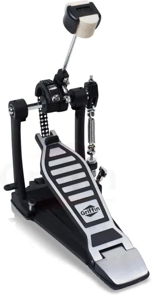 Single Kick Bass Drum Pedal by GRIFFIN | Deluxe Double Chain Foot Percussion Hardware for Intense Play | 4 Sided Beater & Fully Adjustable Power Cam System | Perfect for Beginner & Pro Drummers