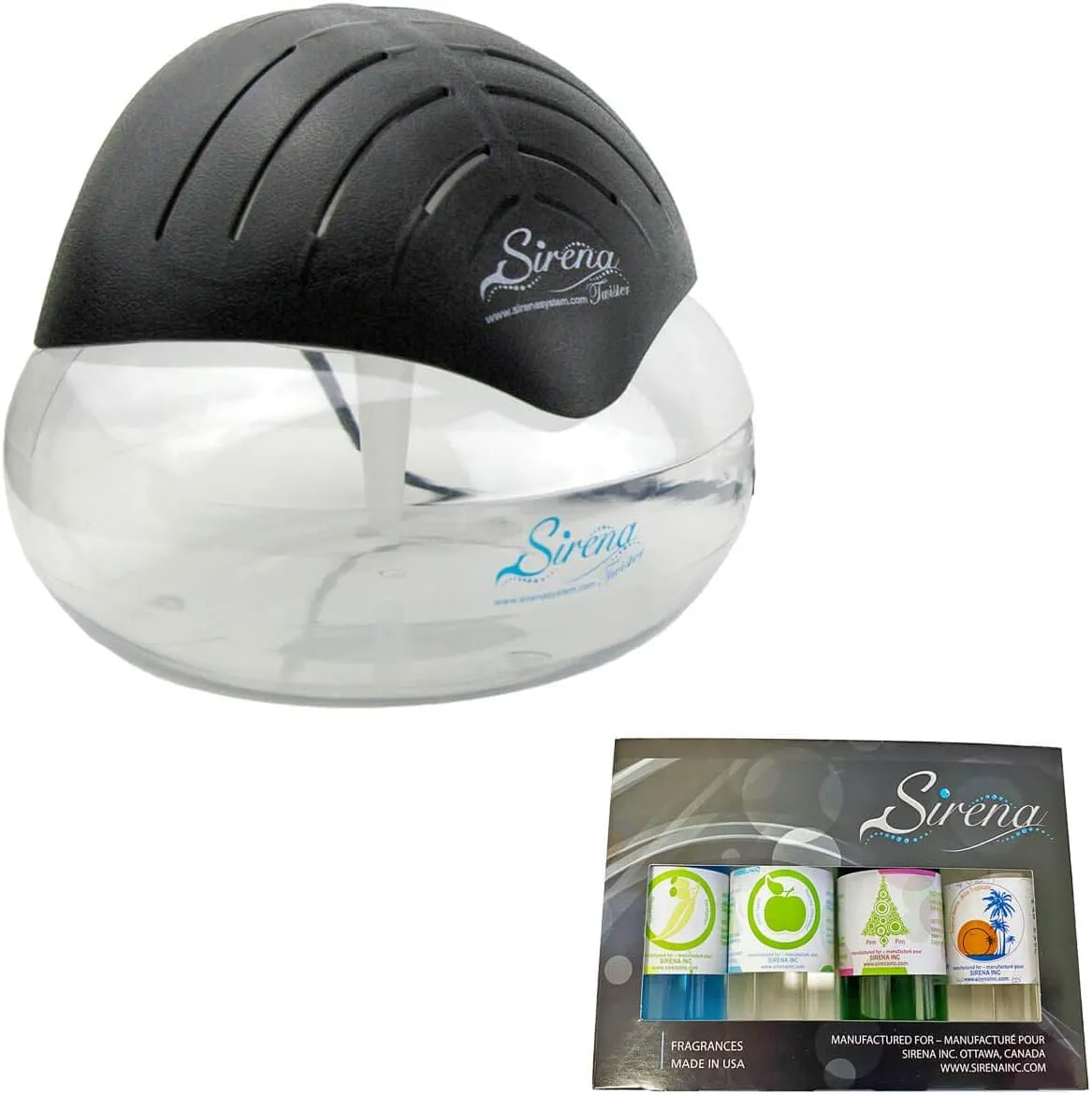 Sirena Twister Deluxe Pack (Black) including Fragrance Pack- Water Filter Air Freshener For Home and Office - Essential Oil Aroma Diffuser With LED Night light - Small Air Cleaner For Smoke and Pets