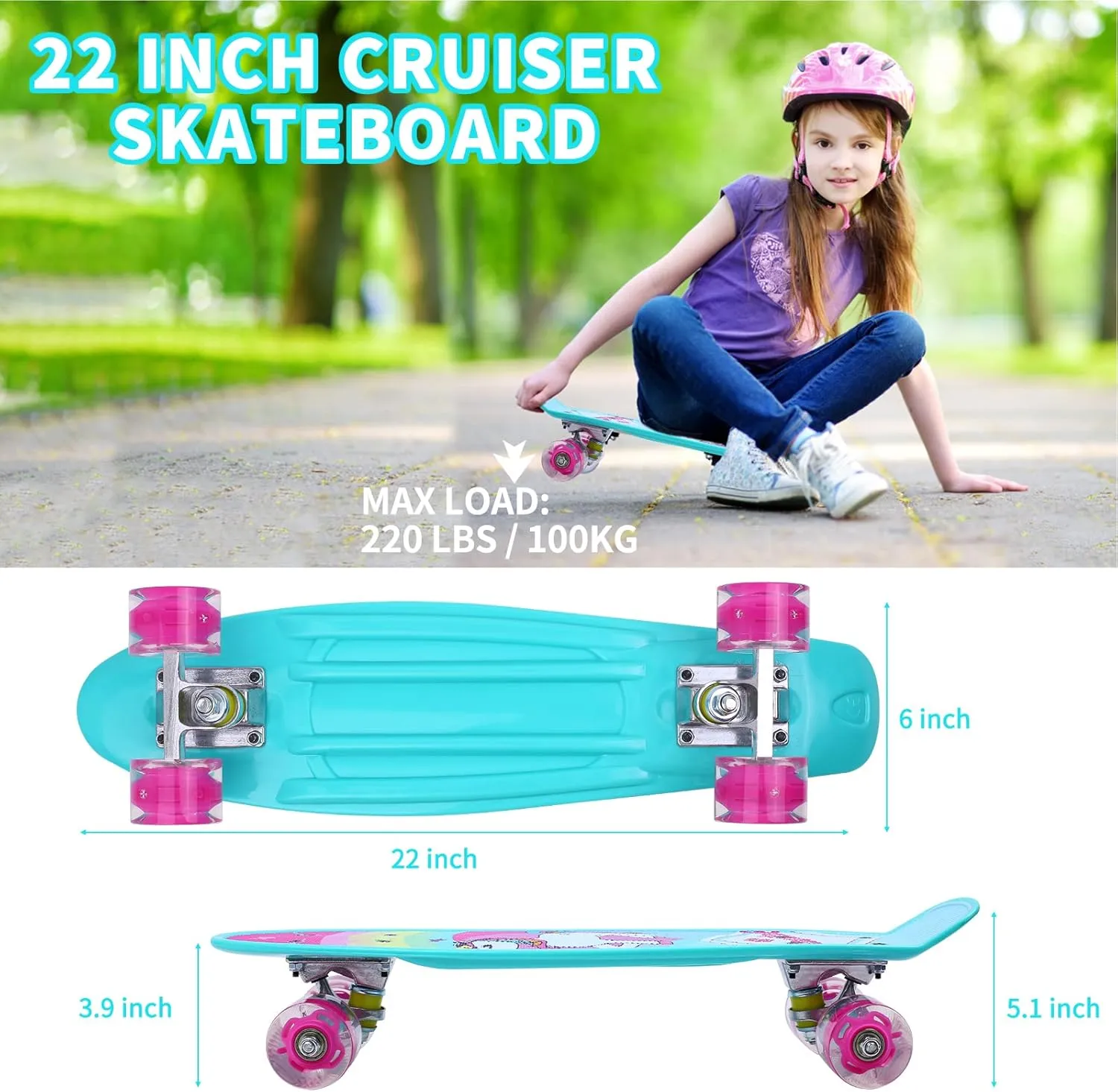 Skateboards, 22" Complete Skateboard, Mini Cruiser Skateboard for Kids Boys Girls Teens Beginners with Colorful Flashing Wheels Skate Tool, Kids Children's Day Gift