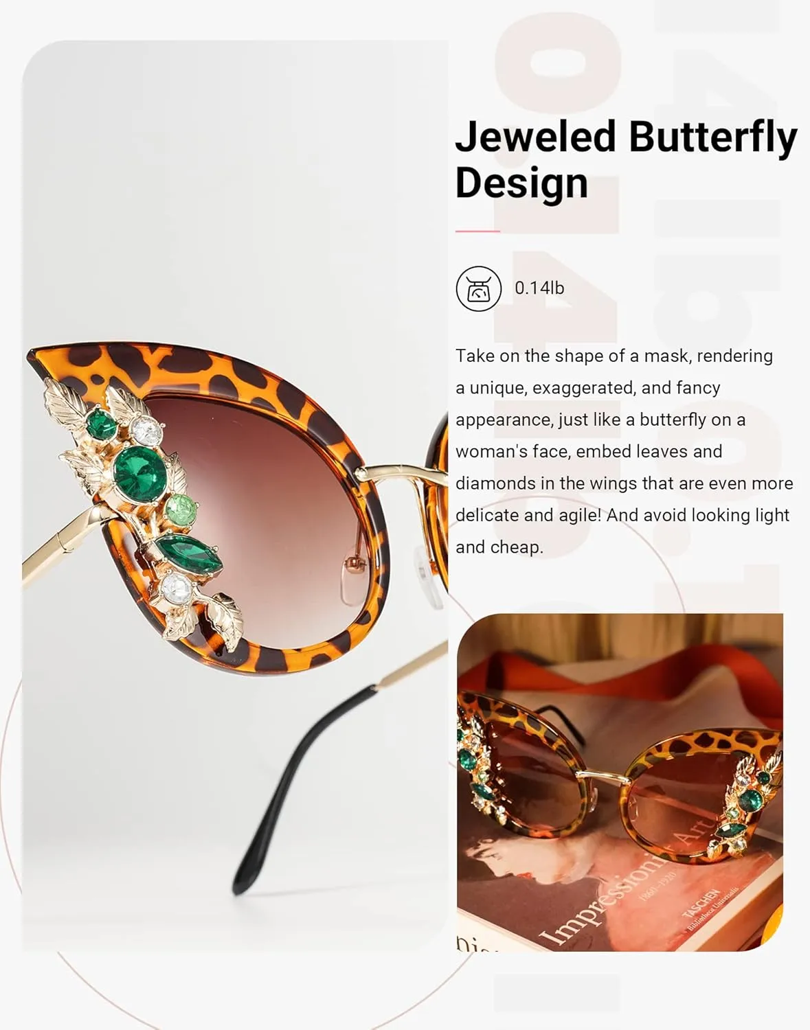 Slocyclub Jeweled Sunglasses, Funky Butterfly Shaped Sunglasses, Oversized Rhinestone Sunglasses for Women