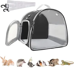 Small Animal Carrier Bag, Upgraded Portable Guinea Pig Carriers, Transparent Hamster Carrying Case, Reptile Rat Rabbit Bearded Dragon Hedgehog Carrier Bag for Travel, Hiking, Walking, Outdoor (Black)