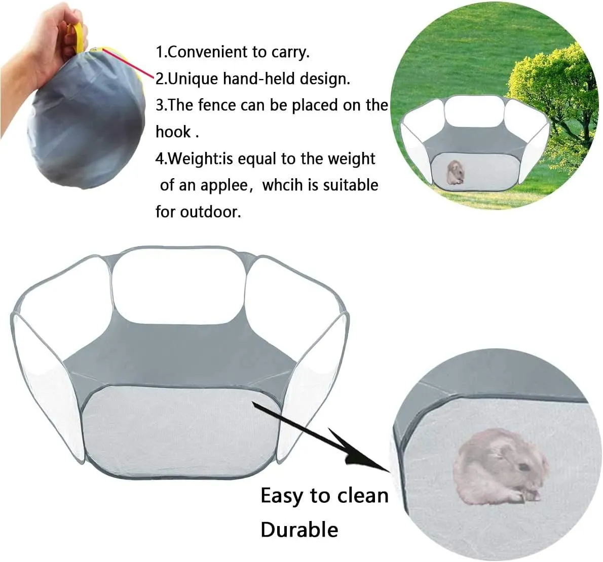 Small Animals Tent,Reptiles Cage,Breathable Transparent Pet Playpen Pop Open Outdoor/Indoor Exercise Fence,Portable Yard Fence (Grey)