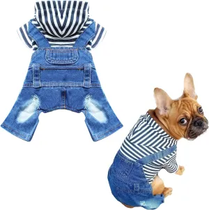 Small Dog Hoodie Clothes Cute Stripe Shirts Denim Jumpsuit One-Piece Outfit for Small Medium Dogs Cats Boy Girl Chihuahua Blue Jeans Overalls Puppy Costume (Blue,XL)
