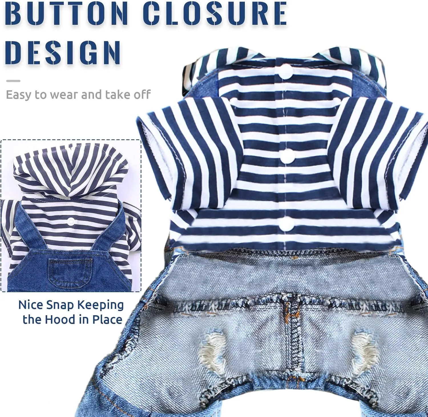 Small Dog Hoodie Clothes Cute Stripe Shirts Denim Jumpsuit One-Piece Outfit for Small Medium Dogs Cats Boy Girl Chihuahua Blue Jeans Overalls Puppy Costume (Blue,XL)