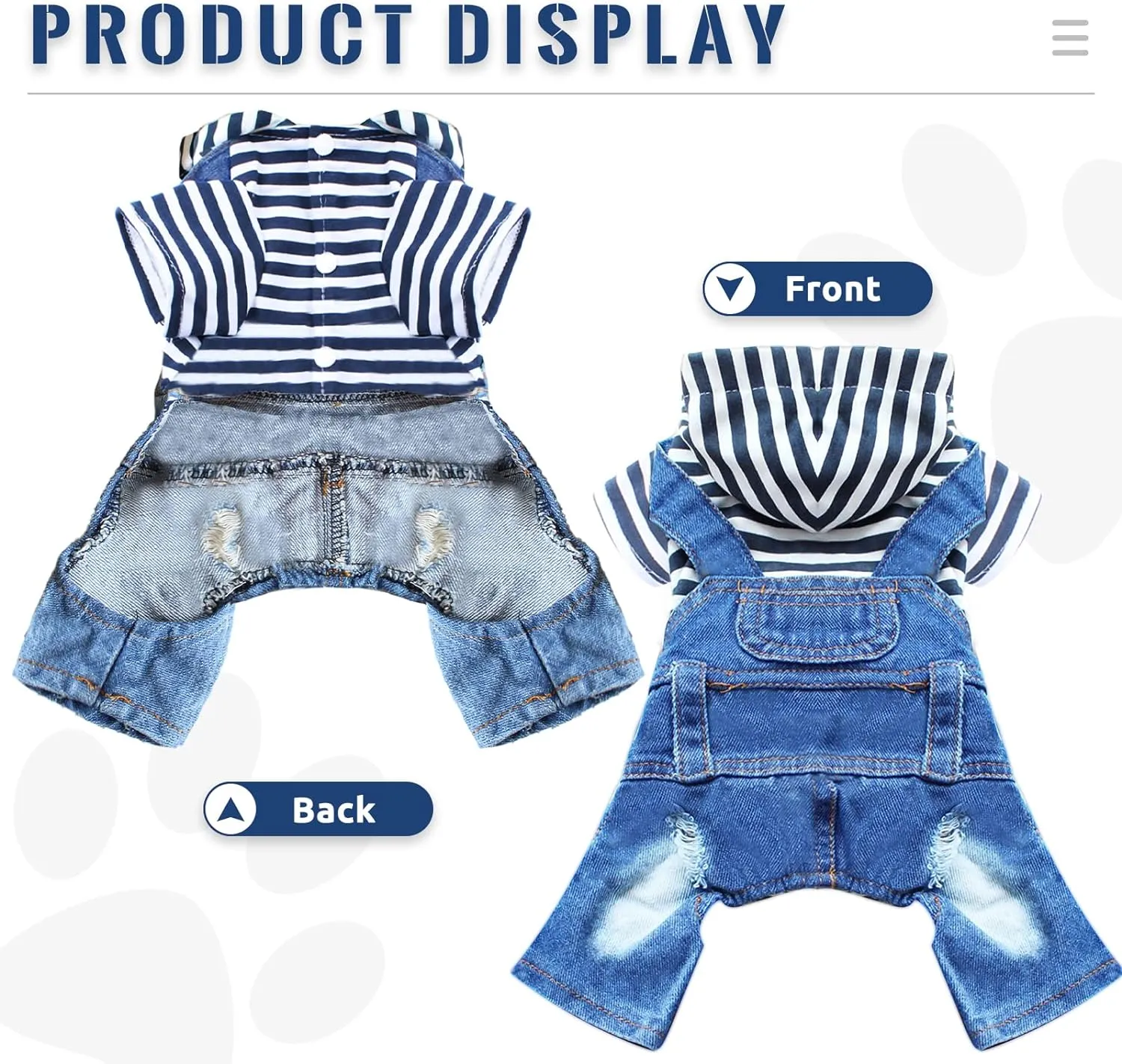 Small Dog Hoodie Clothes Cute Stripe Shirts Denim Jumpsuit One-Piece Outfit for Small Medium Dogs Cats Boy Girl Chihuahua Blue Jeans Overalls Puppy Costume (Blue,XL)