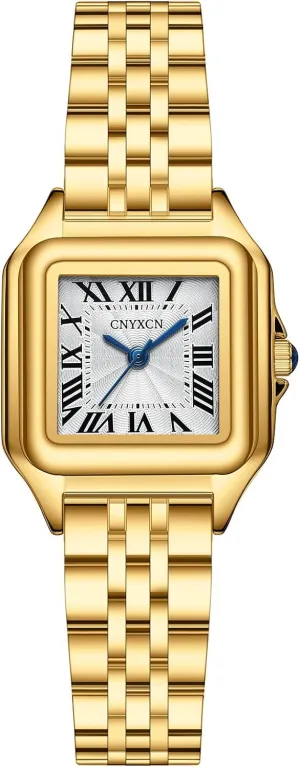 Small Gold Watches for Women with Stainless Steel Band,Rectangular Case Roman Dial,Water Resistant,Bracelet Adjuster Included