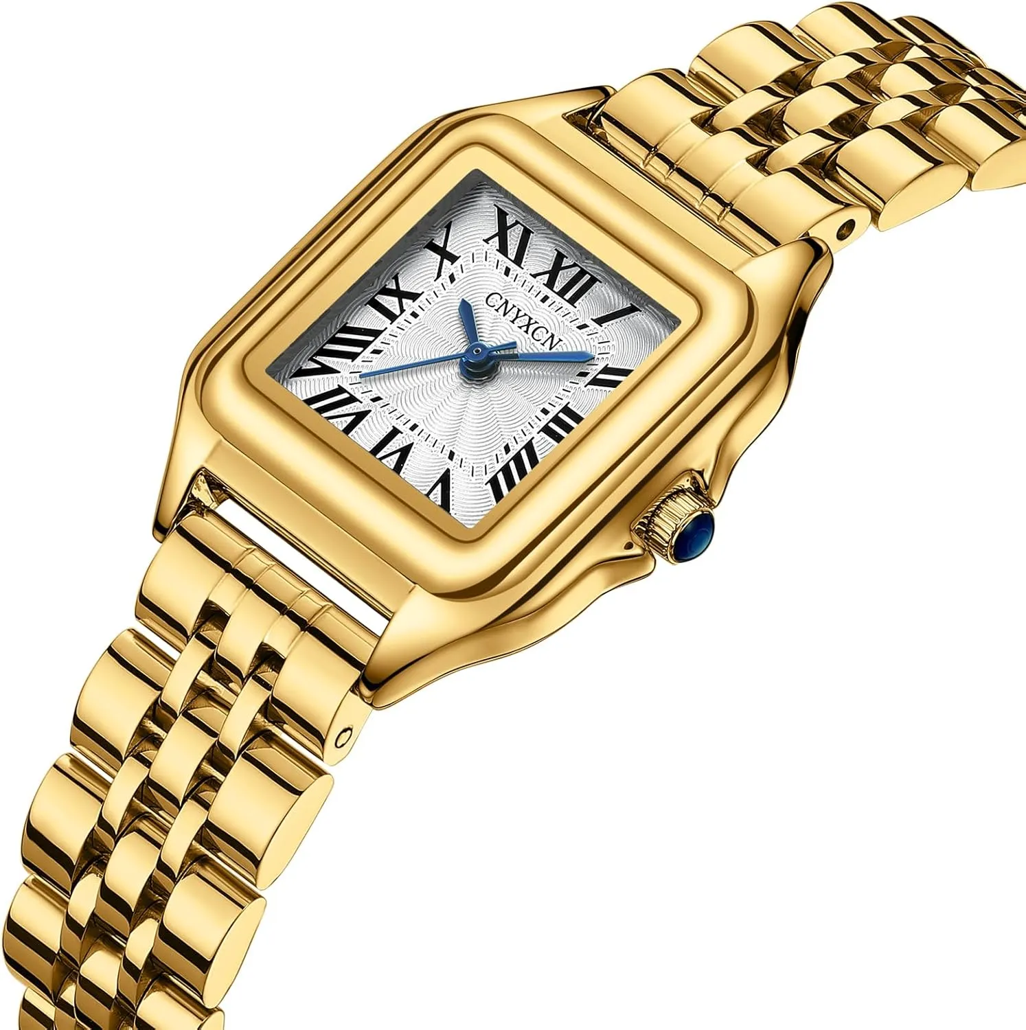 Small Gold Watches for Women with Stainless Steel Band,Rectangular Case Roman Dial,Water Resistant,Bracelet Adjuster Included