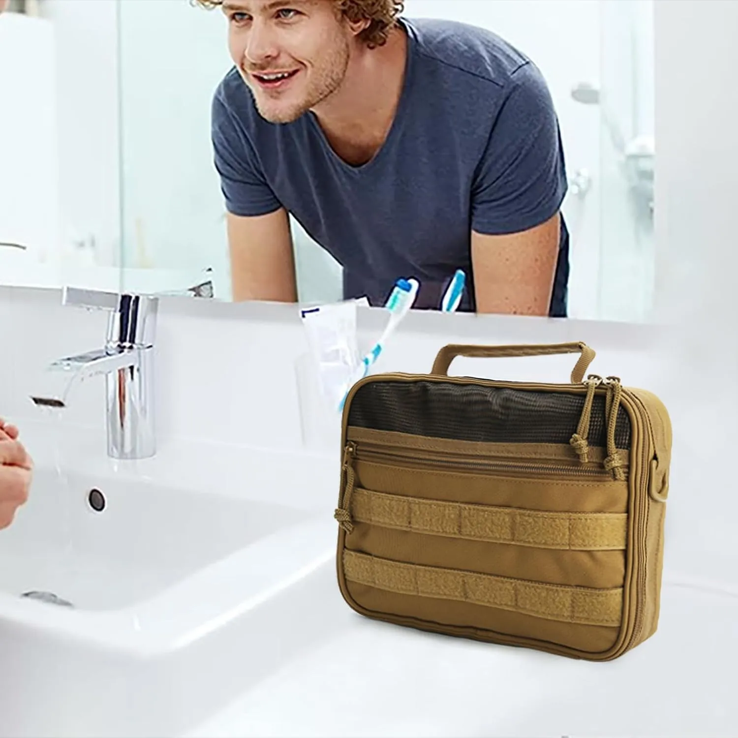 SMONT Tactical Toiletry Bag for Men, 9.5" Hanging Dopp Kit Shaving Hygiene Bag for Traveling Bathroom